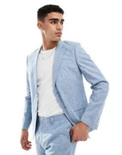 Jack & Jones Premium Linen Mix Slim Fit Blazer In Light Blue For Men Troposphere