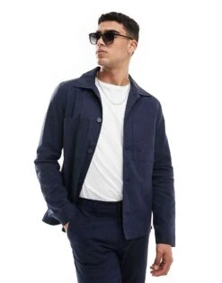 Jack & Jones Premium Linen Mix Casual Suit Jacket In Navy For Men Dark Navy -Men Style Shop 206091749 5