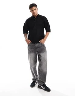 Jack & Jones Oversized Knitted Polo In Black For Men -Men Style Shop 206091773 2