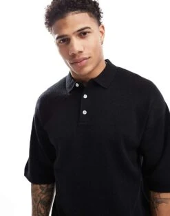 Jack & Jones Oversized Knitted Polo In Black For Men -Men Style Shop 206091773 4
