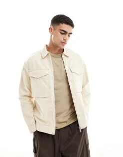 Jack & Jones Premium Twill Jacket With Utility Pockets In Beige For Men Almond Milk -Men Style Shop 206091824 1 almondmilk 1