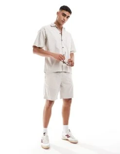 Jack & Jones Co-ord Oversized Textured Shirt With Poppers In Beige For Men Moonbeam -Men Style Shop 206092059 2