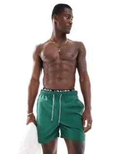 Jack & Jones Double Waistband Swim Shorts In Green For Men Dark Green -Men Style Shop 206092308 4