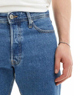 Jack & Jones Mark Wide Cropped Rigged Jean In Mid Blue Wash For Men Blue Denim -Men Style Shop 206092442 5