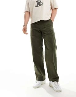 Jack & Jones Wide Fit Herringbone Worker Trouser In Khaki For Men Olive Night -Men Style Shop 206092581 3