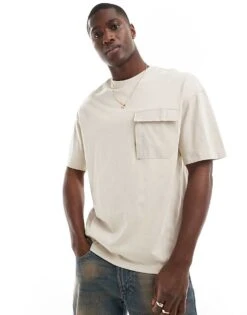 Jack & Jones Oversized Nylon Pocket T-shirt In Beige For Men Moonbeam