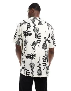 Jack & Jones Revere Collar Shirt In White Abstract Floral For Men Buttercream -Men Style Shop 206093499 4
