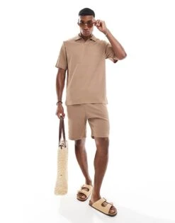 Jack & Jones Co-ord Plisse Short In Brown For Men Tigers Eye -Men Style Shop 206093570 1 tigerseye 1