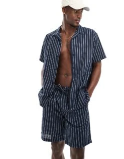 Jack & Jones Co-ord Seersucker Short In Navy Stripe For Men Sky Captain -Men Style Shop 206093698 1 skycaptain 1