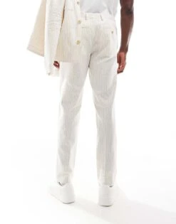 Jack & Jones Premium Linen Mix Casual Suit Trouser In Ecru Stripe For Men Cloud Dancer -Men Style Shop 206093816 4