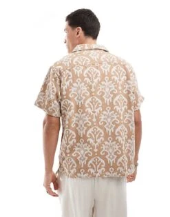 Jack & Jones Premium Revere Collar Jacquard Shirt In Tan For Men Fields Of Rye -Men Style Shop 206093817 2