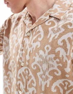 Jack & Jones Premium Revere Collar Jacquard Shirt In Tan For Men Fields Of Rye -Men Style Shop 206093817 3