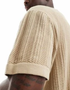 Jack & Jones Revere Collar Knitted Shirt In Beige For Men Fields Of Rye -Men Style Shop 206094039 3