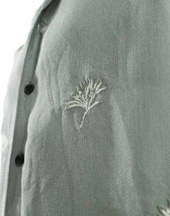 Jack & Jones Boxy Fit Revere Collar Shirt With Flower Embroidery In Khaki For Men Agave Green -Men Style Shop 206094067 4