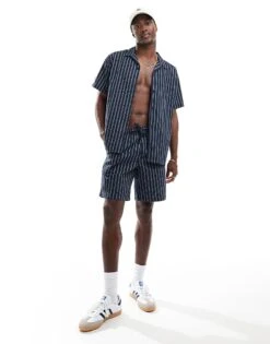 Jack & Jones Co-ord Revere Collar Seersucker Shirt In Navy Stripe For Men Sky Captain -Men Style Shop 206094172 2