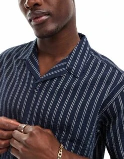 Jack & Jones Co-ord Revere Collar Seersucker Shirt In Navy Stripe For Men Sky Captain -Men Style Shop 206094172 3