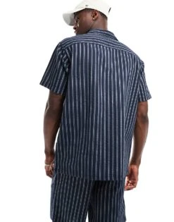 Jack & Jones Co-ord Revere Collar Seersucker Shirt In Navy Stripe For Men Sky Captain -Men Style Shop 206094172 4