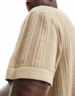 Jack & Jones Button Through Texture Knitted Polo In Beige For Men Fields Of Rye -Men Style Shop 206198496 3