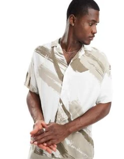 Jack & Jones Revere Collar Shirt With Brush Stroke Print In Beige For Men Crockery -Men Style Shop 206210690 1 crockery 1
