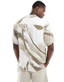 Jack & Jones Revere Collar Shirt With Brush Stroke Print In Beige For Men Crockery -Men Style Shop 206210690 4