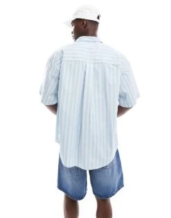 Jack & Jones Oversized Short Sleeved Stripe Shirt In Light Blue For Men Cashmere Blue -Men Style Shop 206246578 3