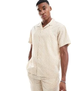 Jack & Jones Co-ord Oversized Revere Collar Geo Print Shirt In Beige For Men Buttercream -Men Style Shop 206246587 1 buttercream 1