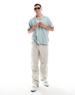 Jack & Jones Oversized Textured Revere Collar Shirt In Pale Blue For Men Gray Mist -Men Style Shop 206246595 3