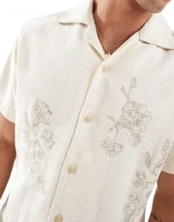 Jack & Jones Revere Collar Twill Shirt With Embroidery In Ecru For Men -Men Style Shop 206246735 2