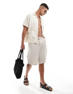 Jack & Jones Revere Collar Twill Shirt With Embroidery In Ecru For Men -Men Style Shop 206246735 4