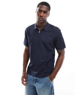 Jack & Jones Premium Textured Zip Through Polo In Navy For Men Night Sky -Men Style Shop 206246736 1 nightsky 1
