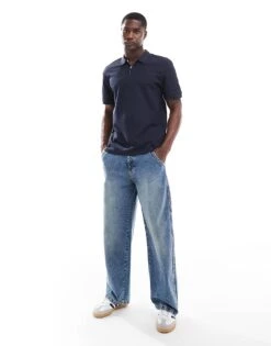 Jack & Jones Premium Textured Zip Through Polo In Navy For Men Night Sky -Men Style Shop 206246736 3