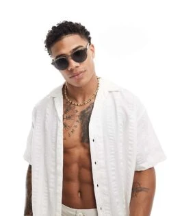 Jack & Jones Oversized Revere Collar Seersucker Stripe Linen Shirt In White For Men Cloud Dancer -Men Style Shop 206246838 1 clouddancer 1