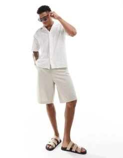 Jack & Jones Oversized Revere Collar Seersucker Stripe Linen Shirt In White For Men Cloud Dancer -Men Style Shop 206246838 2