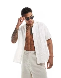 Jack & Jones Oversized Revere Collar Seersucker Stripe Linen Shirt In White For Men Cloud Dancer -Men Style Shop 206246838 3