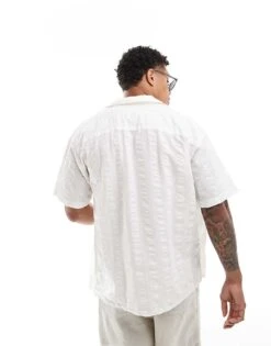 Jack & Jones Oversized Revere Collar Seersucker Stripe Linen Shirt In White For Men Cloud Dancer -Men Style Shop 206246838 4