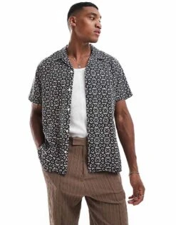 Jack & Jones Oversized Revere Collar Aztec Print Shirt In Black For Men -Men Style Shop 206246872 1 black 1