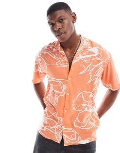 Jack & Jones Oversized Revere Collar Floral Printed Shirt In Burnt Orange For Men Flamingo -Men Style Shop 206246896 1 flamingo 1