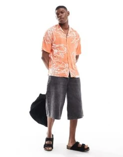 Jack & Jones Oversized Revere Collar Floral Printed Shirt In Burnt Orange For Men Flamingo -Men Style Shop 206246896 2