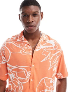 Jack & Jones Oversized Revere Collar Floral Printed Shirt In Burnt Orange For Men Flamingo -Men Style Shop 206246896 4