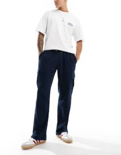 Jack & Jones Wide Fit Linen Mix Cargo Trouser In Navy For Men Dark Navy
