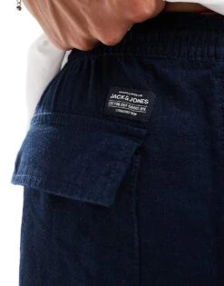 Jack & Jones Wide Fit Linen Mix Cargo Trouser In Navy For Men Dark Navy -Men Style Shop 206246900 4