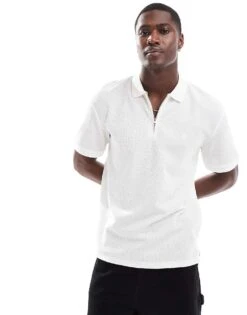 Jack & Jones Premium Textured Zip Through Polo In White For Men Cloud Dancer -Men Style Shop 206246953 3