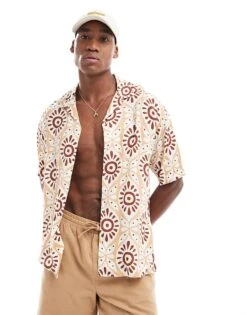 Jack & Jones Oversized Revere Collar Printed Shirt In Brown For Men Coconut Shell -Men Style Shop 206246972 1 coconutshell 1