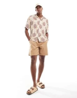 Jack & Jones Oversized Revere Collar Printed Shirt In Brown For Men Coconut Shell -Men Style Shop 206246972 2