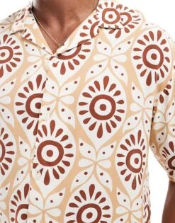 Jack & Jones Oversized Revere Collar Printed Shirt In Brown For Men Coconut Shell -Men Style Shop 206246972 3