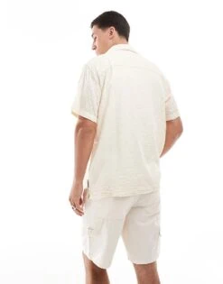 Jack & Jones Oversized Revere Collar Jacquard Shirt In Ecru For Men Buttercream -Men Style Shop 206247055 2