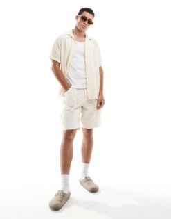 Jack & Jones Oversized Revere Collar Jacquard Shirt In Ecru For Men Buttercream -Men Style Shop 206247055 4