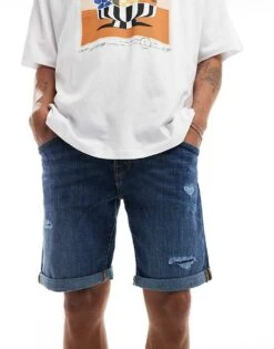 Jack & Jones Denim Short In Mid Blue With Rips For Men -Men Style Shop 206248573 5