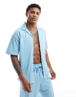 Jack & Jones Revere Collar Pique Shirt Co-ord In Light Blue For Men Sky Blue -Men Style Shop 206271499 1 skyblue 1