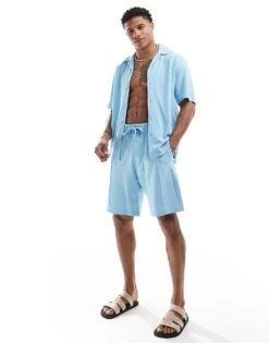 Jack & Jones Revere Collar Pique Shirt Co-ord In Light Blue For Men Sky Blue -Men Style Shop 206271499 2